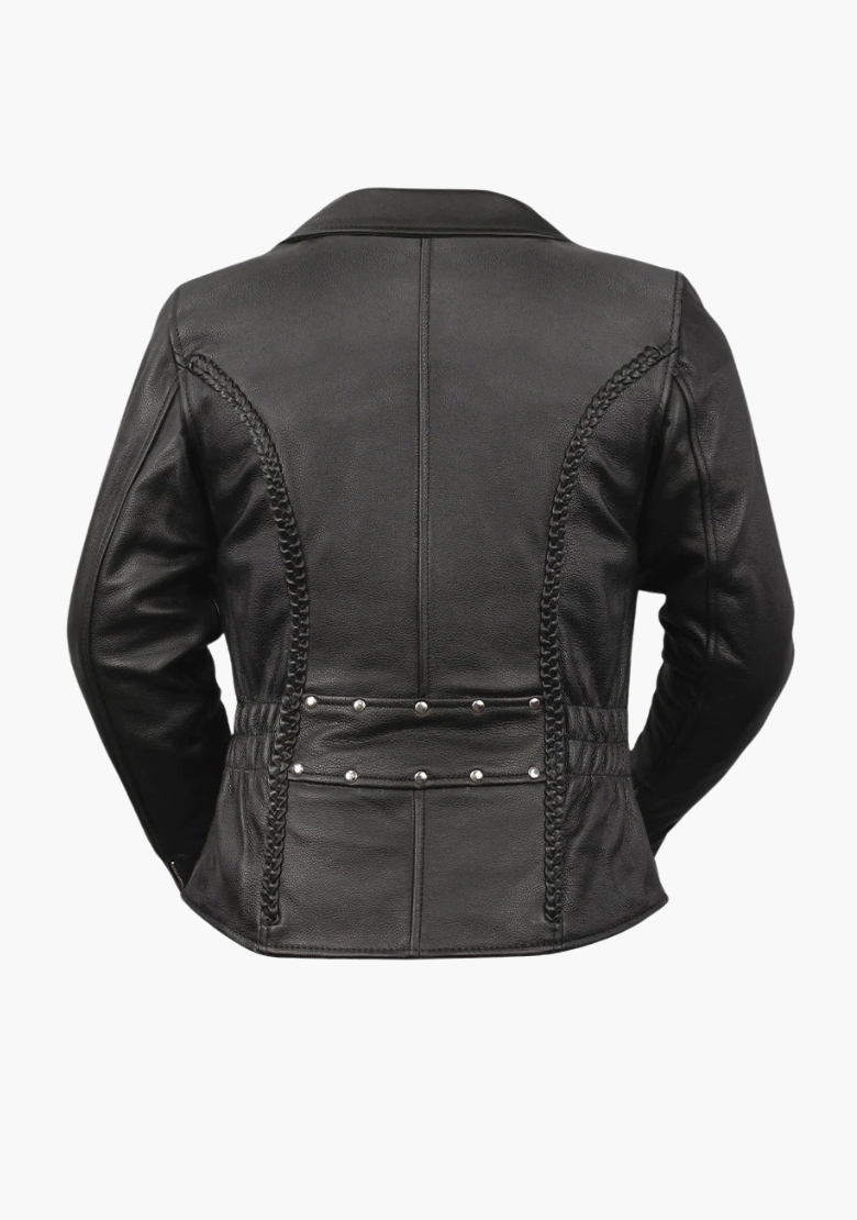 GCL LADIES PREMIUM COWHIDE BRAID AND STUD MOTORCYCLE LEATHER JACKET