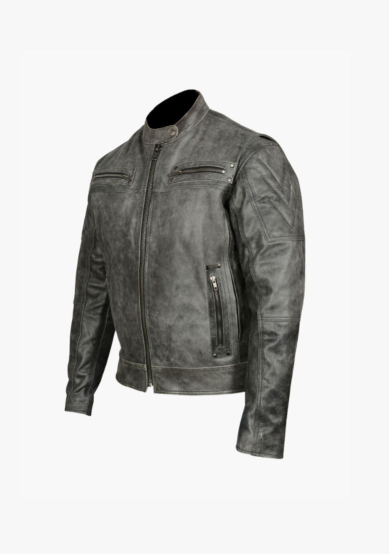 GCL Distressed Gray Padded & Vented Leather Scooter Jacket