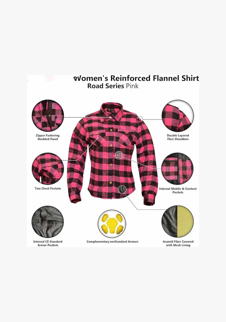 GCL Women's Kevlar Lined Performance Motorcycle Riding Long Sleeve Flannel Shirt  W/T CE Level 1 armor - Pink