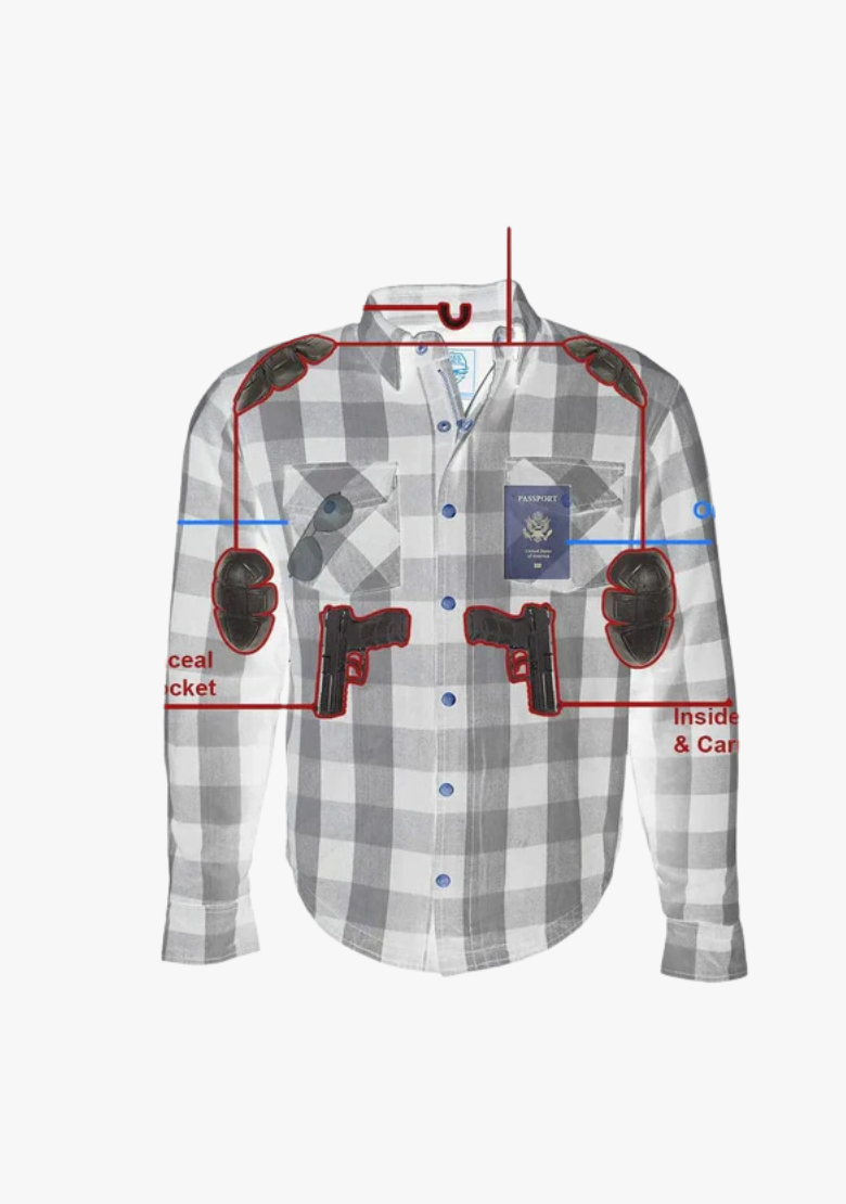 GCL Kevlar Lined Performance Motorcycle Riding Long Sleeve Flannel Shirt  W/T CE Level 1 armor - Red and White