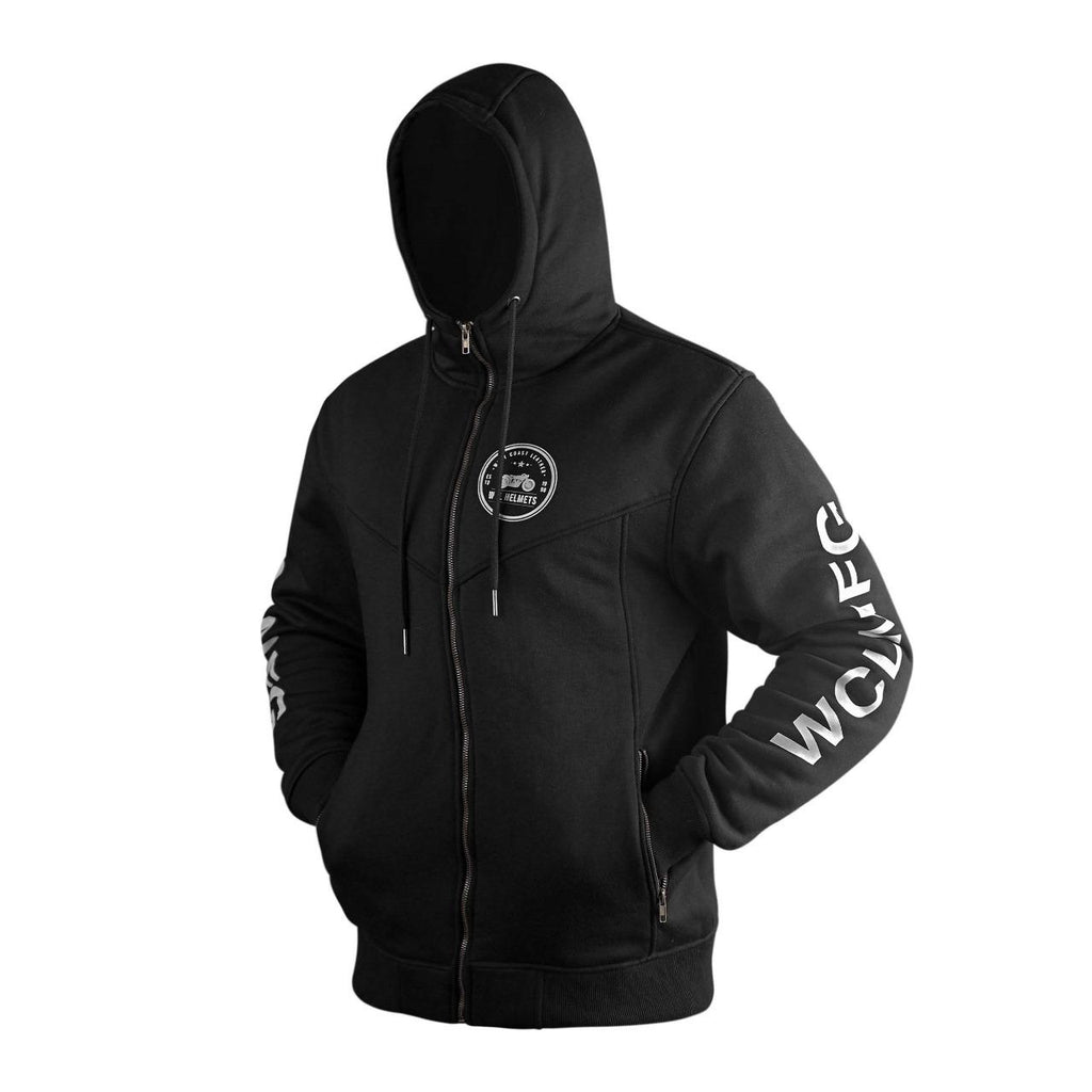 WCL Zippered Armoured Kevlar Lined Motorcycle Riding Hoodie w/t CE Level 1 Armor- Black
