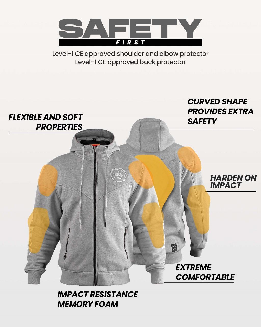 WCL Zippered Armoured Kevlar Lined Motorcycle Riding Hoodie w/t CE Level 1 Armor- Gray