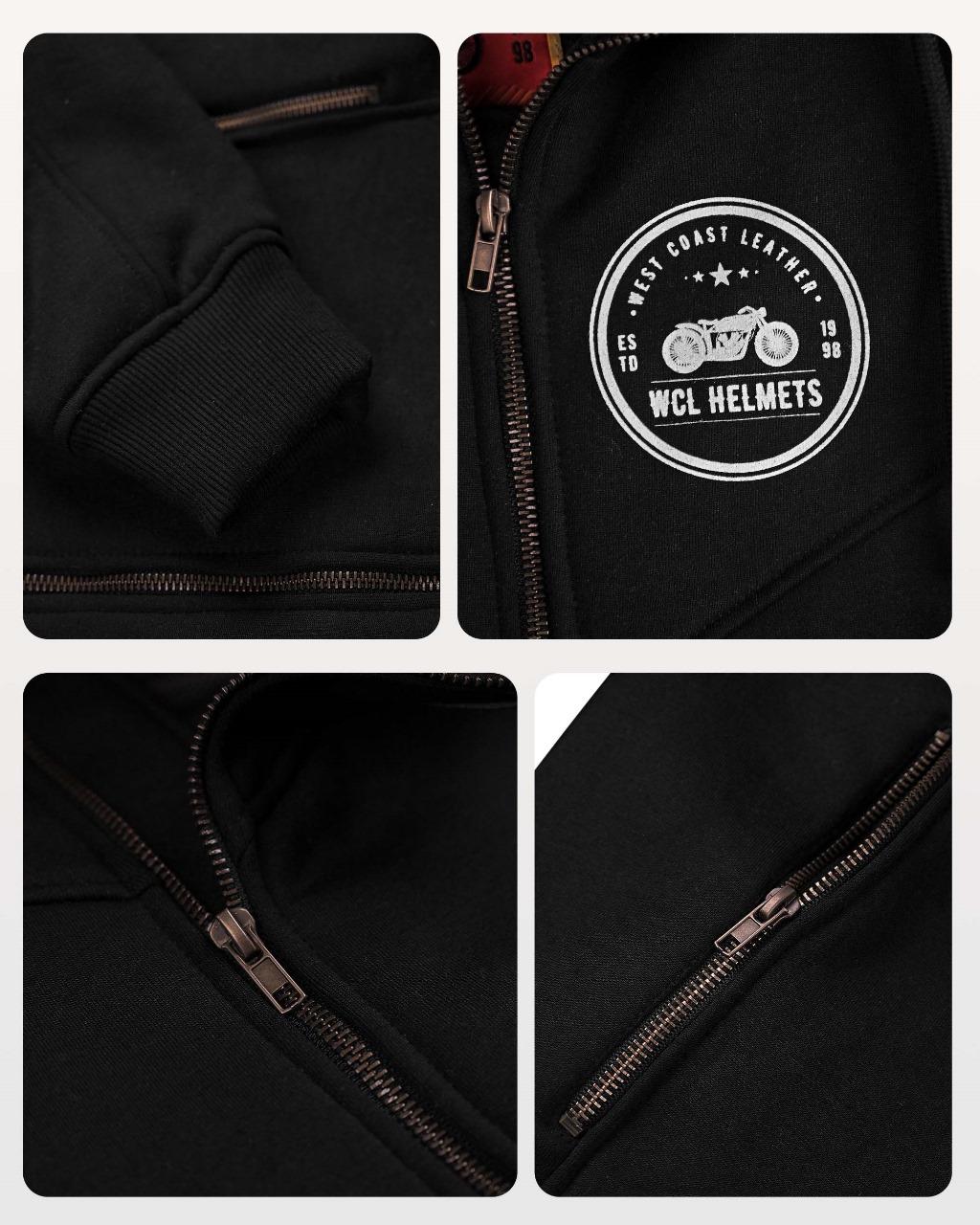 WCL Zippered Armoured Kevlar Lined Motorcycle Riding Hoodie w/t CE Level 1 Armor- Black