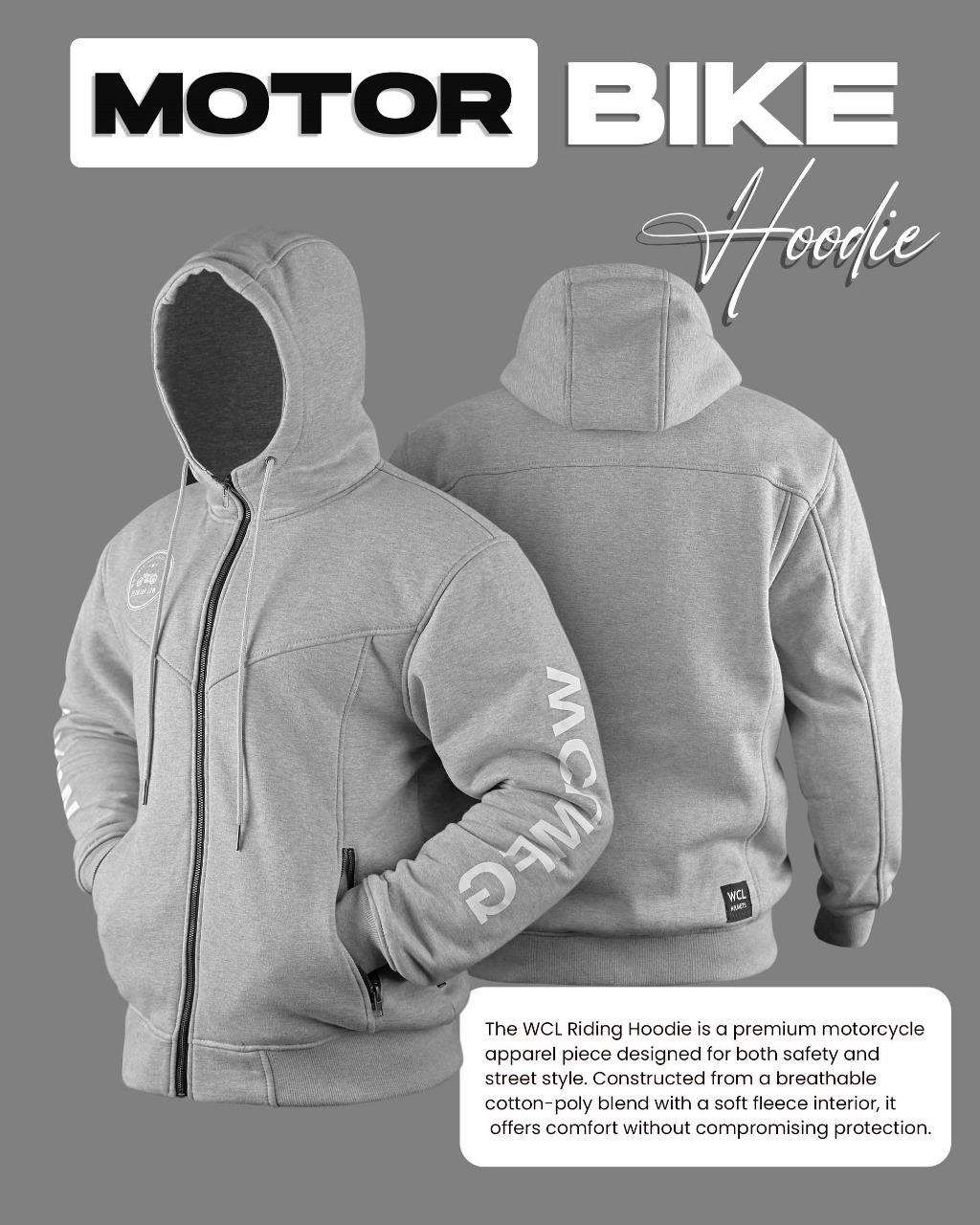 WCL Zippered Armoured Kevlar Lined Motorcycle Riding Hoodie w/t CE Level 1 Armor- Gray