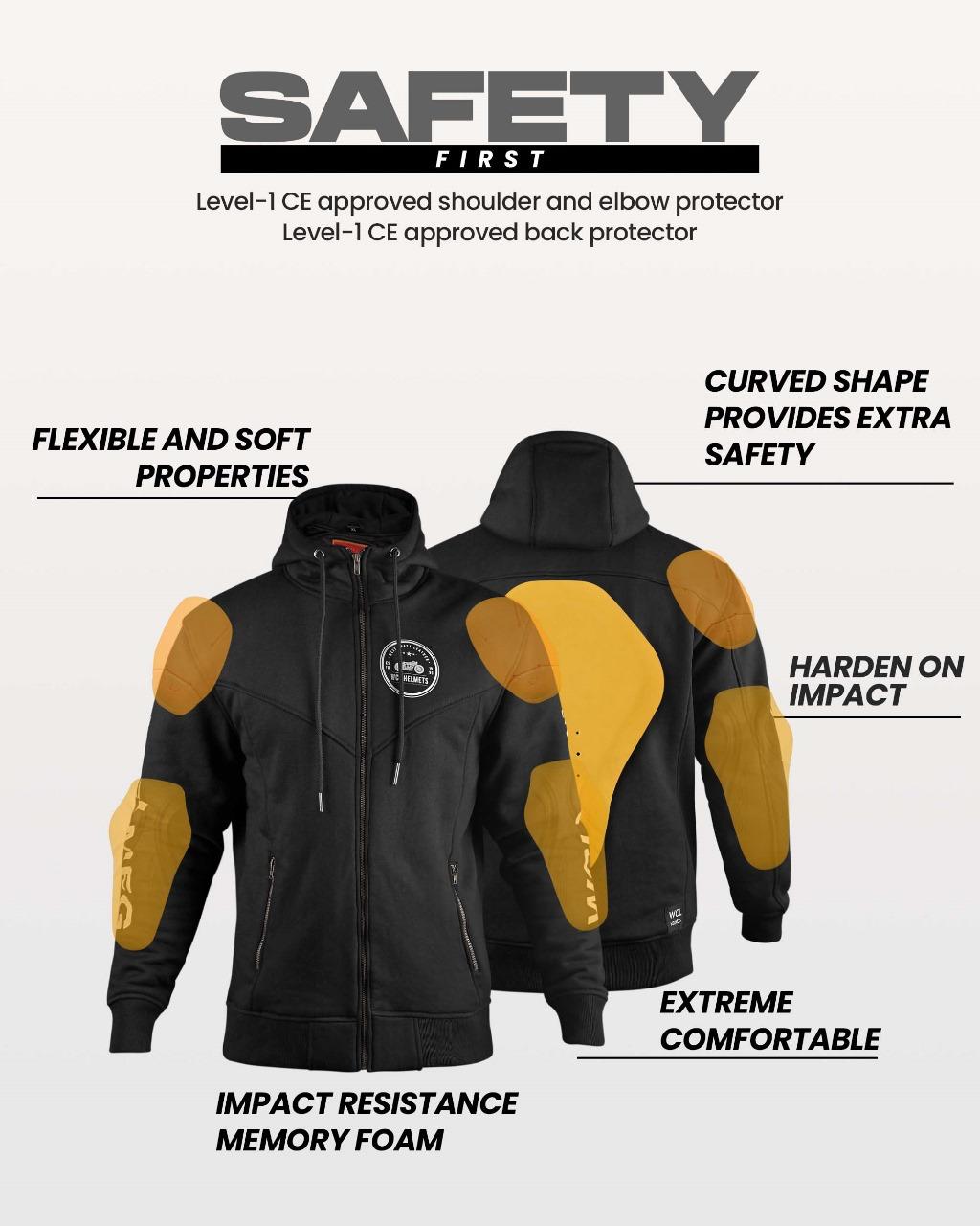 WCL Zippered Armoured Kevlar Lined Motorcycle Riding Hoodie w/t CE Level 1 Armor- Black