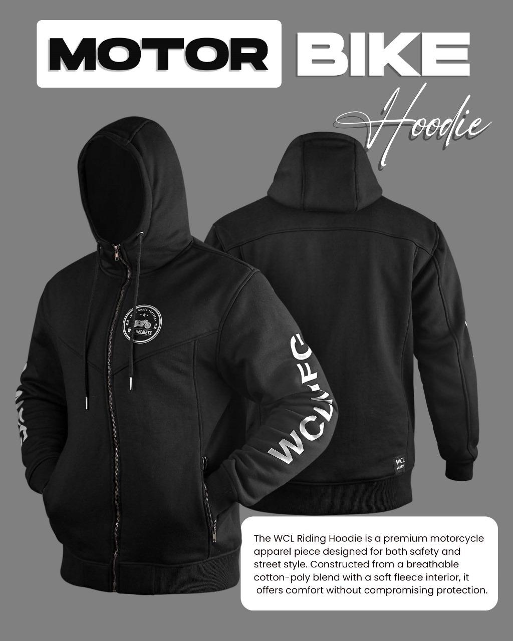 WCL Zippered Armoured Kevlar Lined Motorcycle Riding Hoodie w/t CE Level 1 Armor- Black